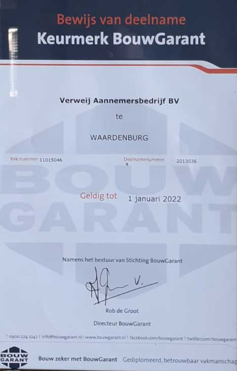 Het BouwGarant-certificaat van Aannemersbedrijf Verweij